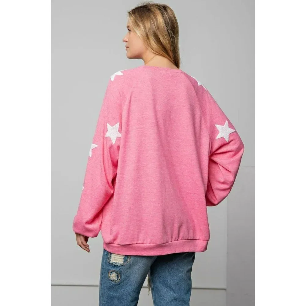 Easel Clothing Ultra Soft Hacci Pullover Star Print Slouchy Barbie Pink ET10831 - Picture 5 of 5
